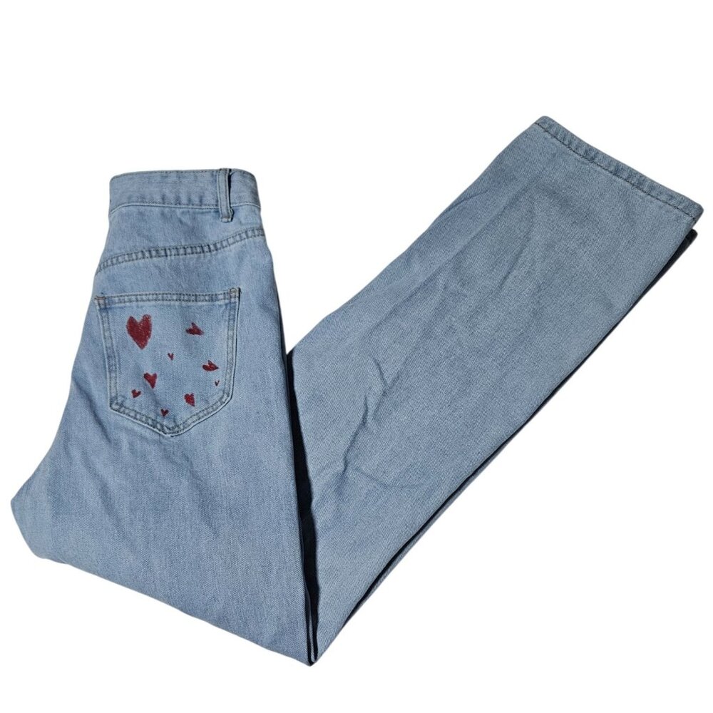 Shein Jeans Womens Size 4 Boot Cut High Rise LIght Wash Denim Lip Print Hearts